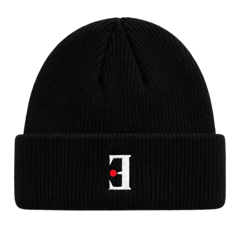 MW–005 black embroidered beanie with Material Witness E mark