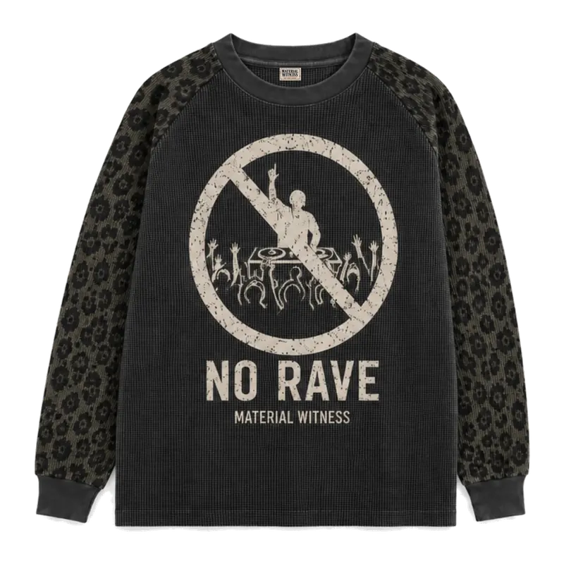 MW–008 washed black No Rave thermal with leopard raglan sleeves, front view