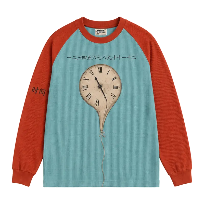 MW–009 faded aqua and red Time Eternal waffle thermal, front view with melting clock artwork